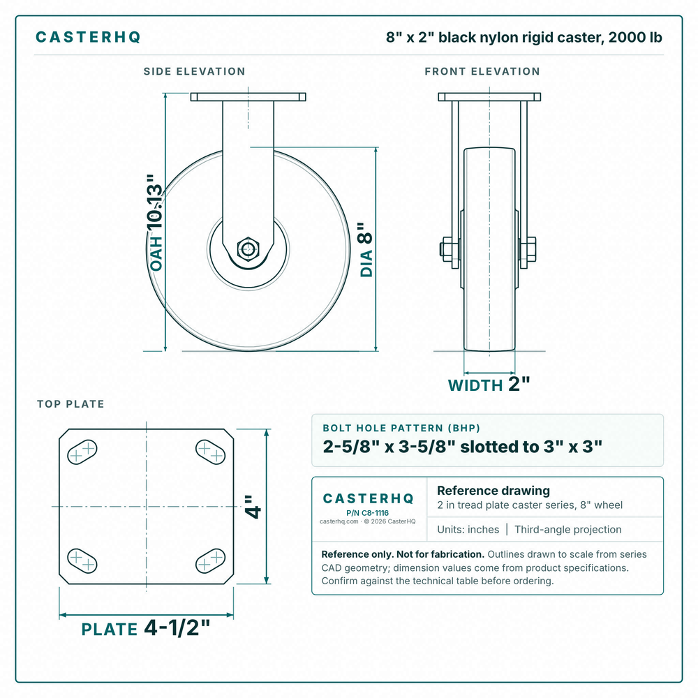 8 x 2 in black nylon rigid caster reference drawing, side, front and top plate views with dimensions
