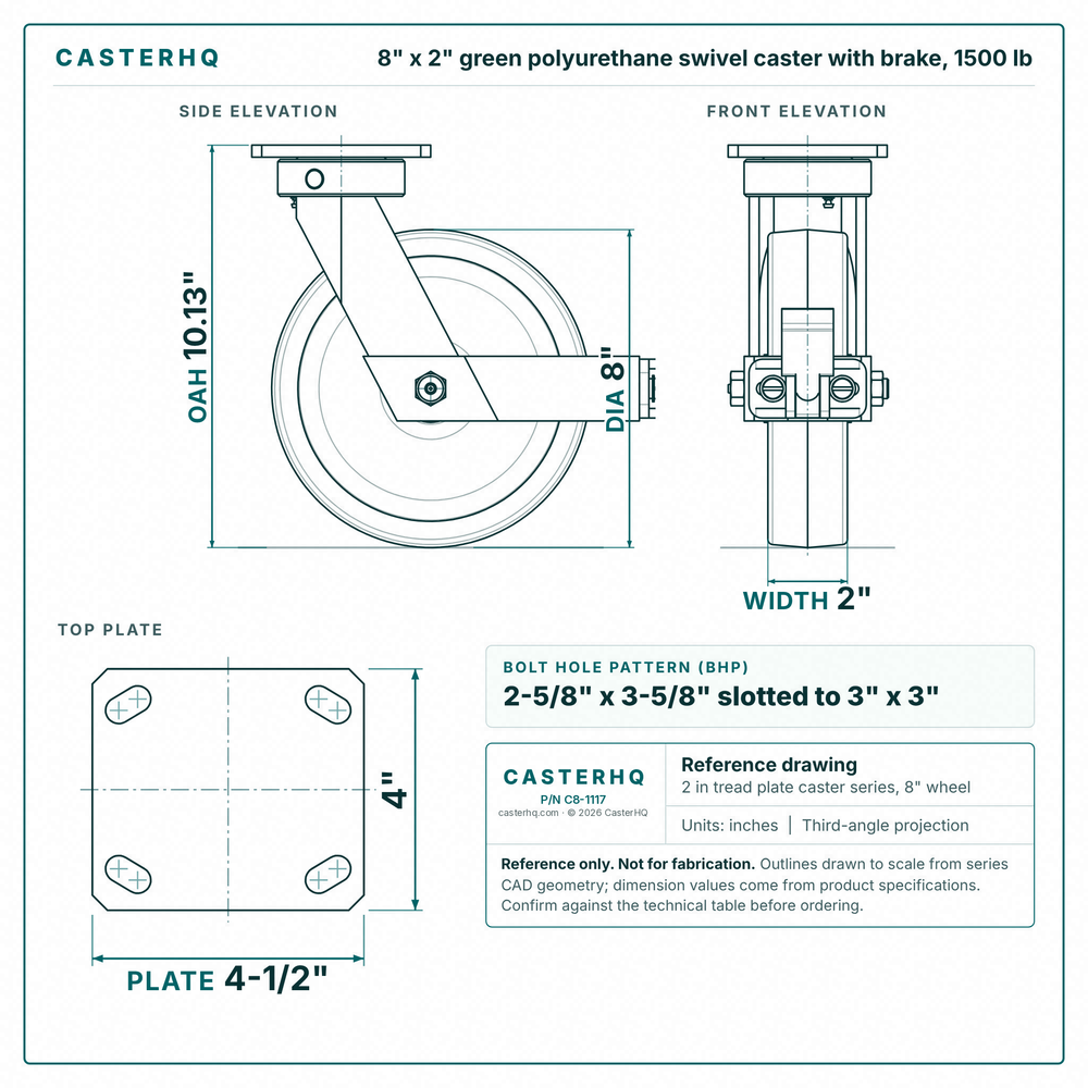 8 x 2 in green polyurethane swivel caster with brake reference drawing, side, front and top plate views with dimensions