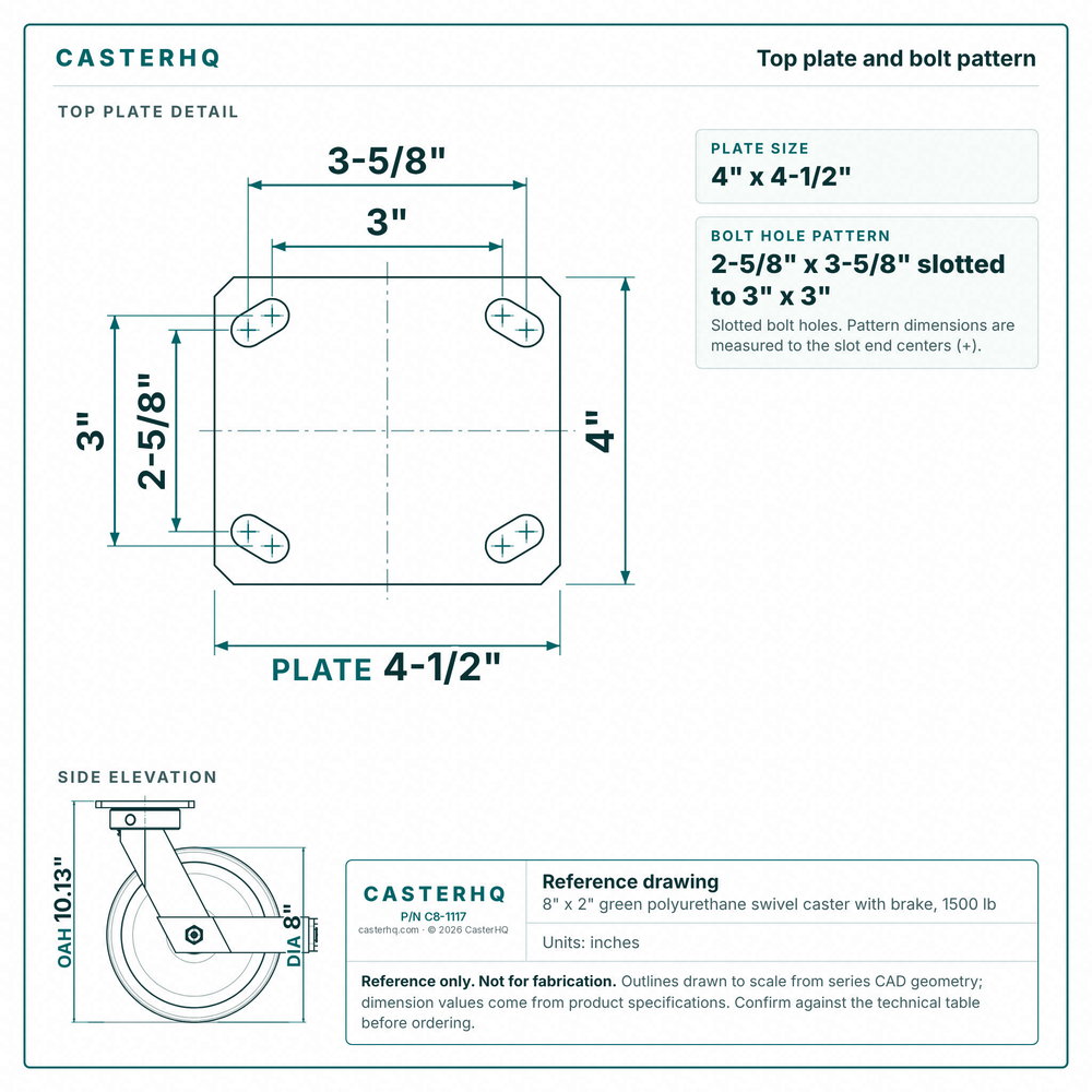 Top plate bolt pattern drawing, ["4\" x 4-1/2\""] plate, slotted bolt holes