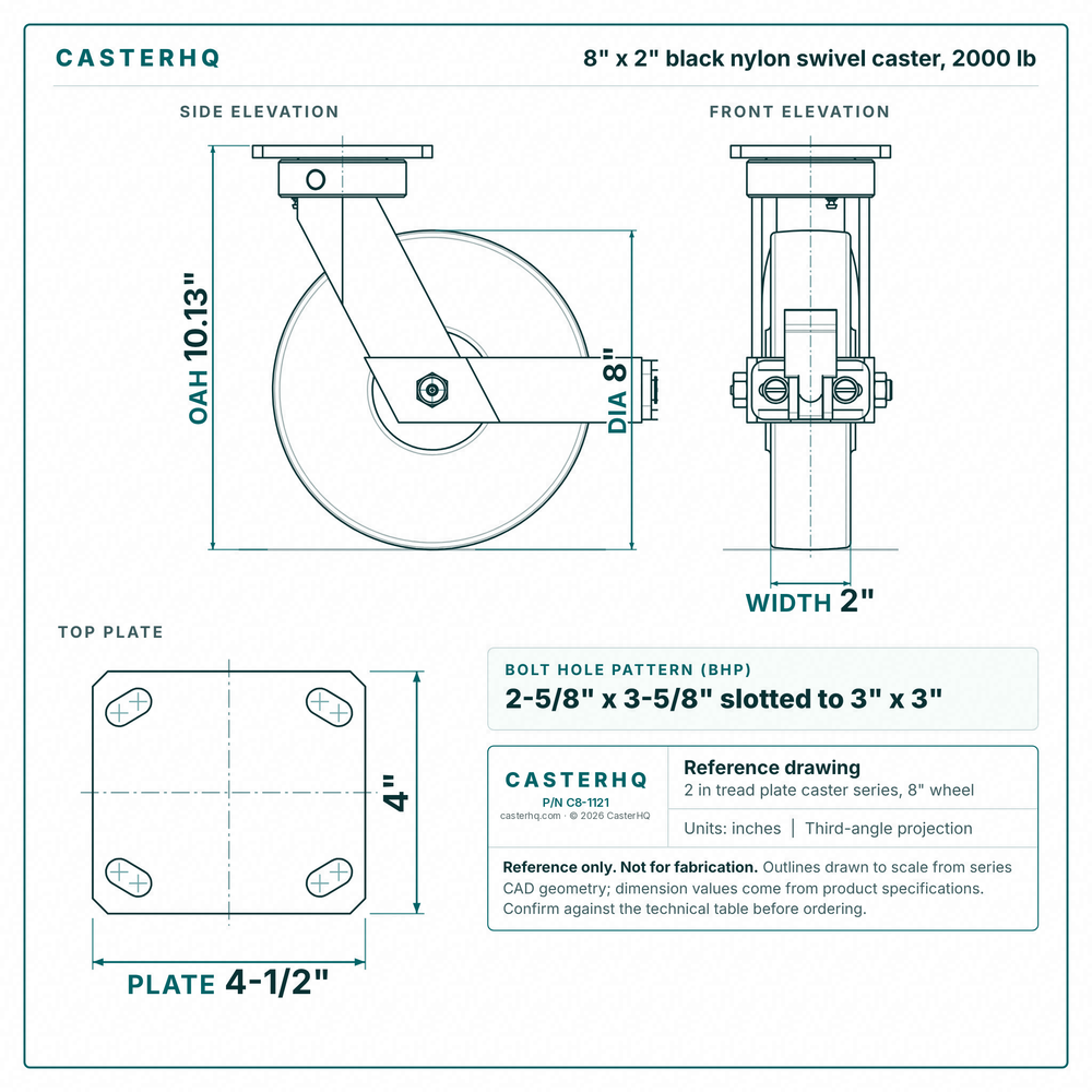 8 x 2 in black nylon swivel caster reference drawing, side, front and top plate views with dimensions