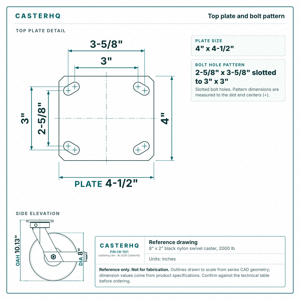 Top plate bolt pattern drawing, ["4\" x 4-1/2\""] plate, slotted bolt holes