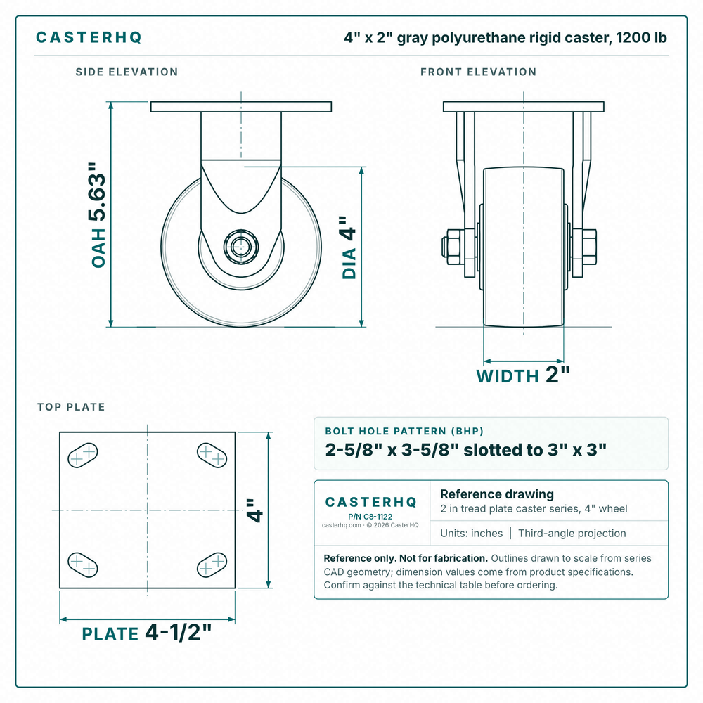 4 x 2 in gray polyurethane rigid caster reference drawing, side, front and top plate views with dimensions