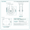 8 x 2 in orange polyurethane rigid caster reference drawing, side, front and top plate views with dimensions