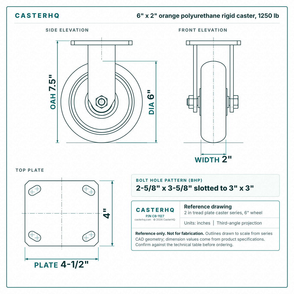 6 x 2 in orange polyurethane rigid caster reference drawing, side, front and top plate views with dimensions