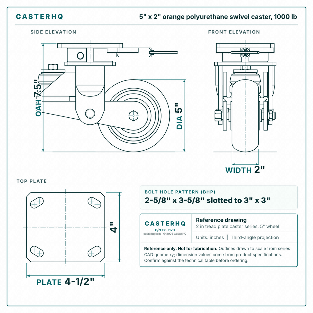 5 x 2 in orange polyurethane swivel caster reference drawing, side, front and top plate views with dimensions