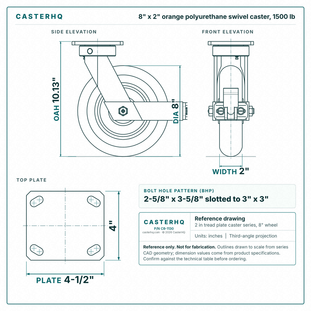 8 x 2 in orange polyurethane swivel caster reference drawing, side, front and top plate views with dimensions