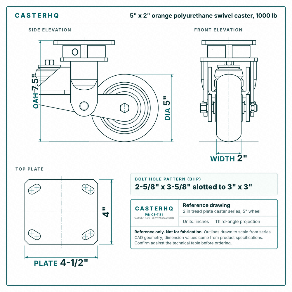 5 x 2 in orange polyurethane swivel caster reference drawing, side, front and top plate views with dimensions