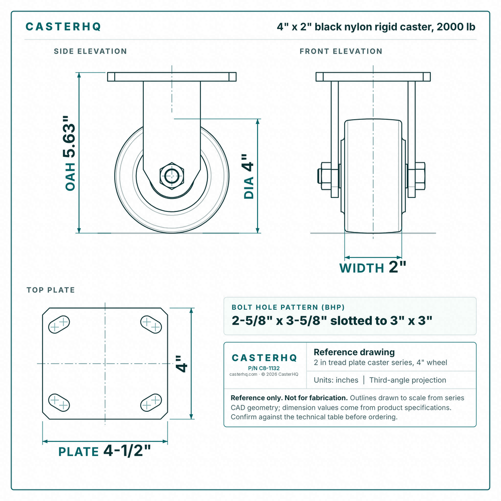 4 x 2 in black nylon rigid caster reference drawing, side, front and top plate views with dimensions