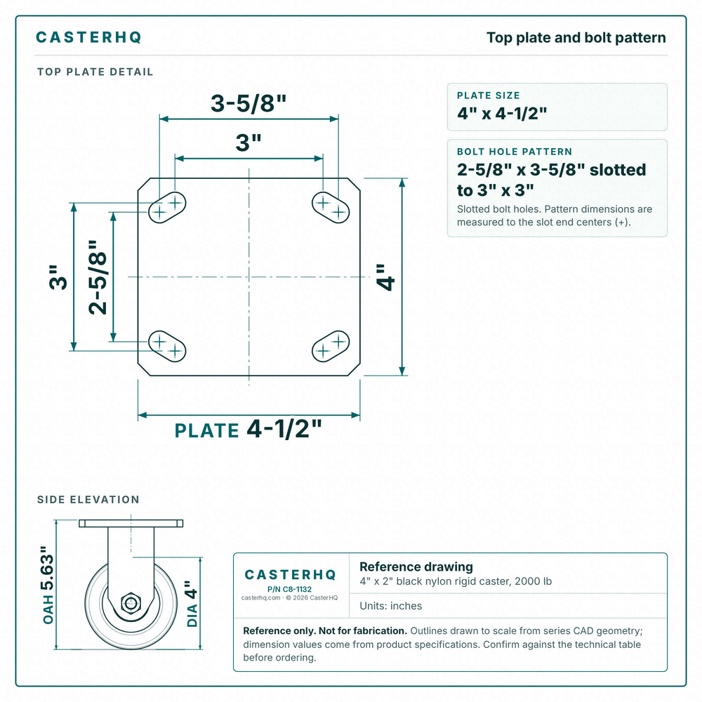 Top plate bolt pattern drawing, ["4\" x 4-1/2\""] plate, slotted bolt holes