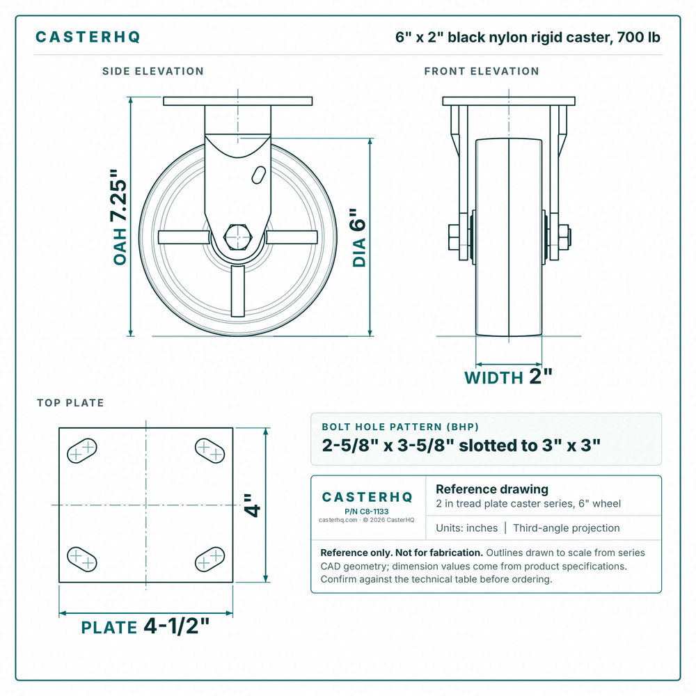 6 x 2 in black nylon rigid caster reference drawing, side, front and top plate views with dimensions