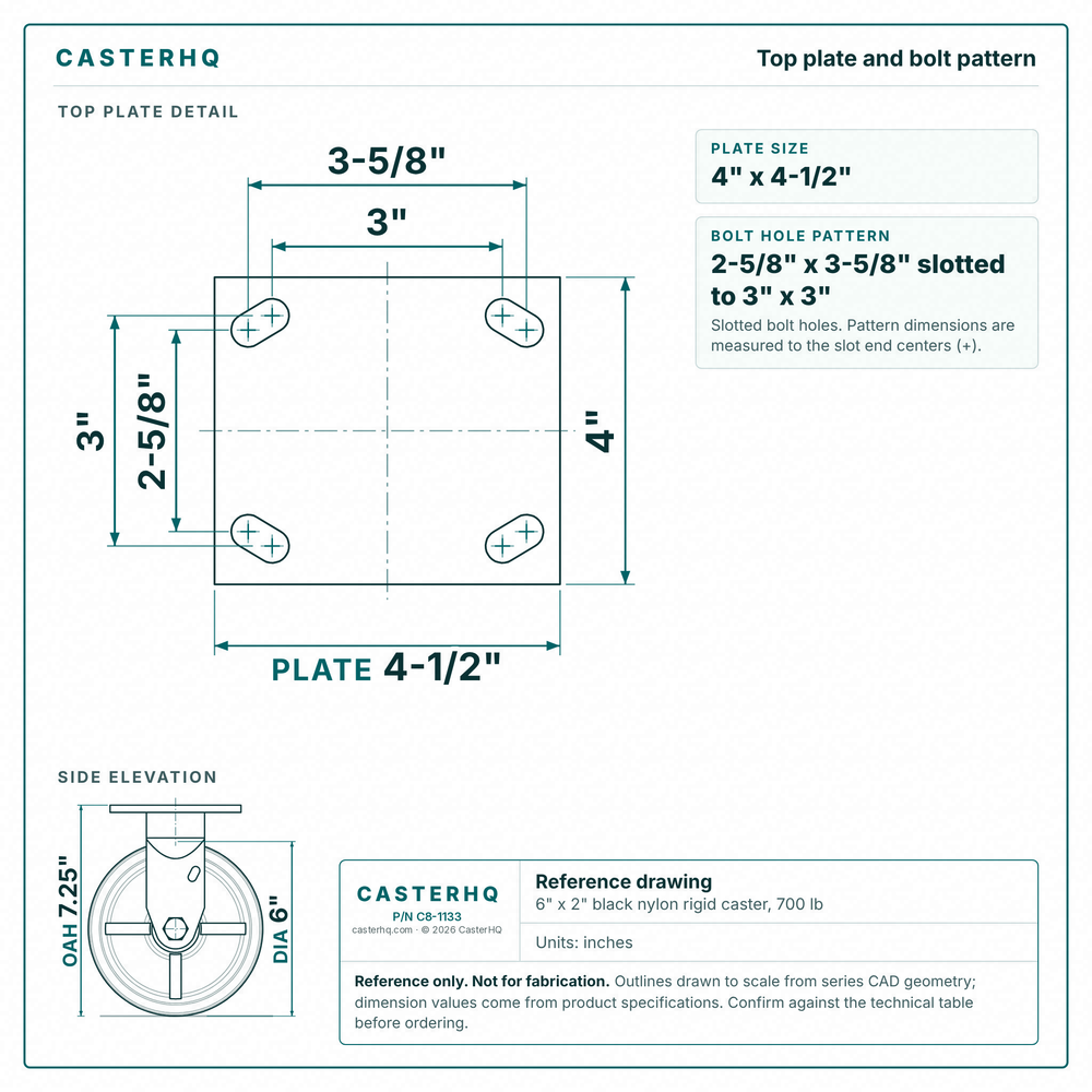 Top plate bolt pattern drawing, ["4\" x 4-1/2\""] plate, slotted bolt holes