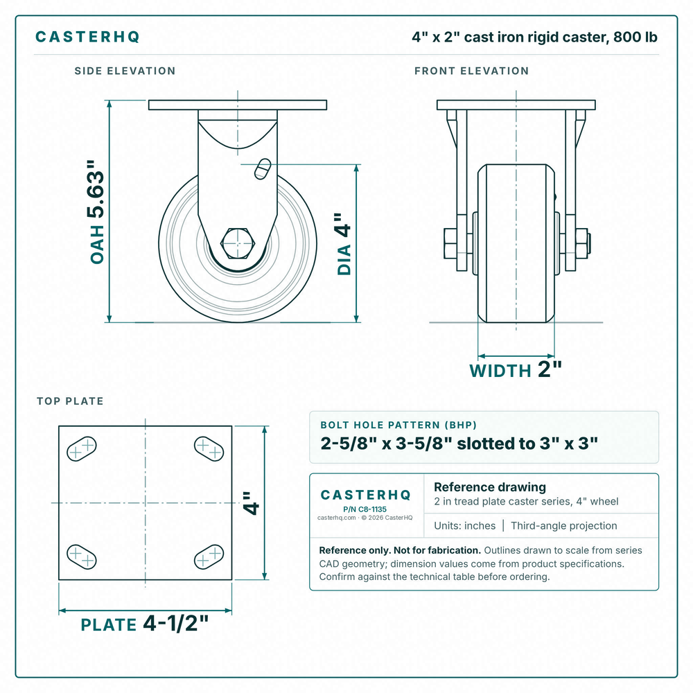 4 x 2 in cast iron rigid caster reference drawing, side, front and top plate views with dimensions