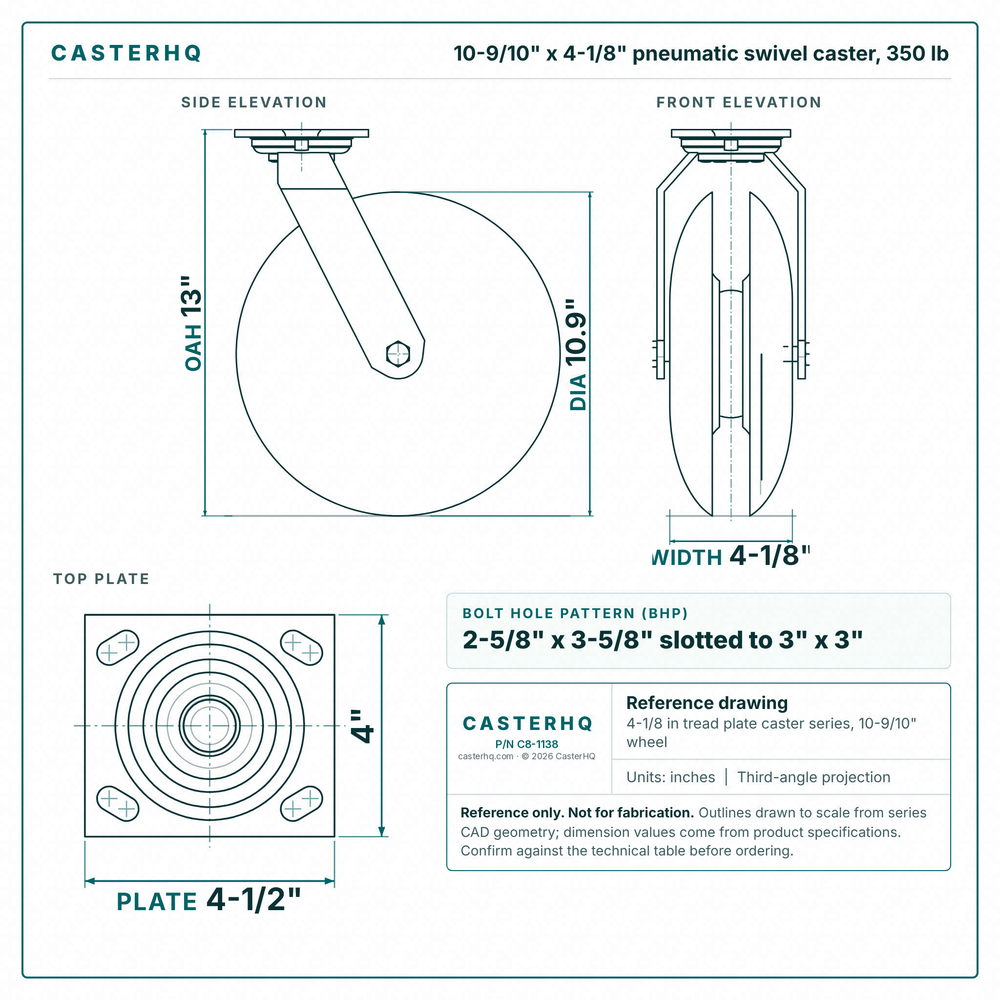 10-9/10 x 4-1/8 in pneumatic swivel caster reference drawing, side, front and top plate views with dimensions