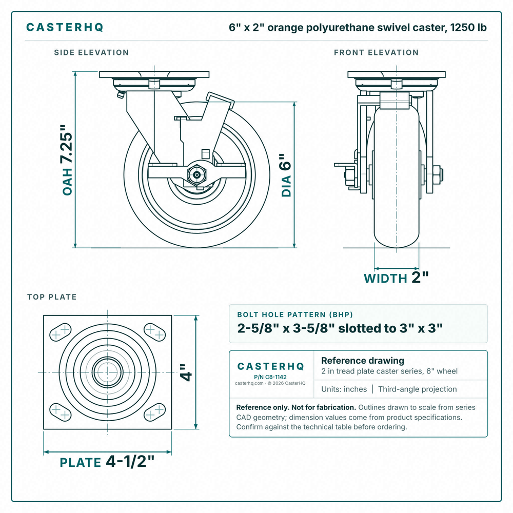 6 x 2 in orange polyurethane swivel caster reference drawing, side, front and top plate views with dimensions