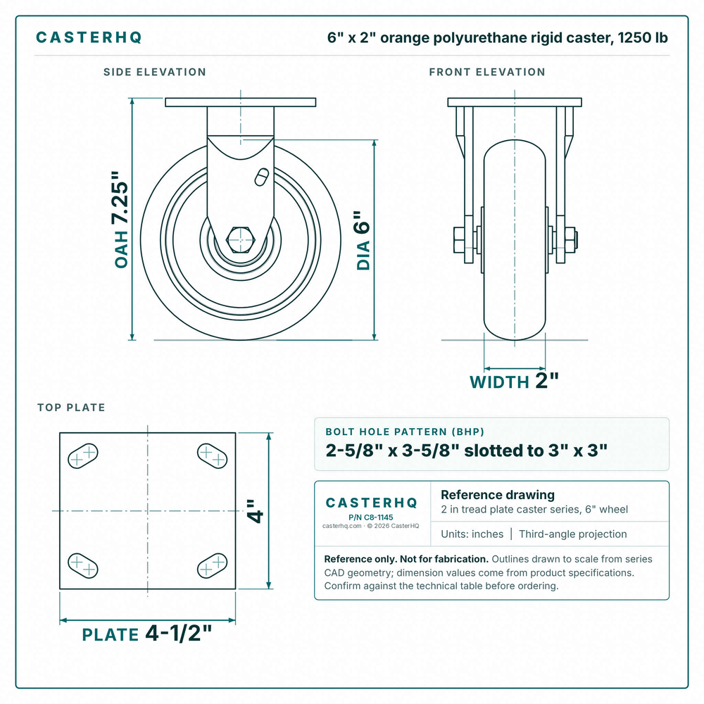 6 x 2 in orange polyurethane rigid caster reference drawing, side, front and top plate views with dimensions