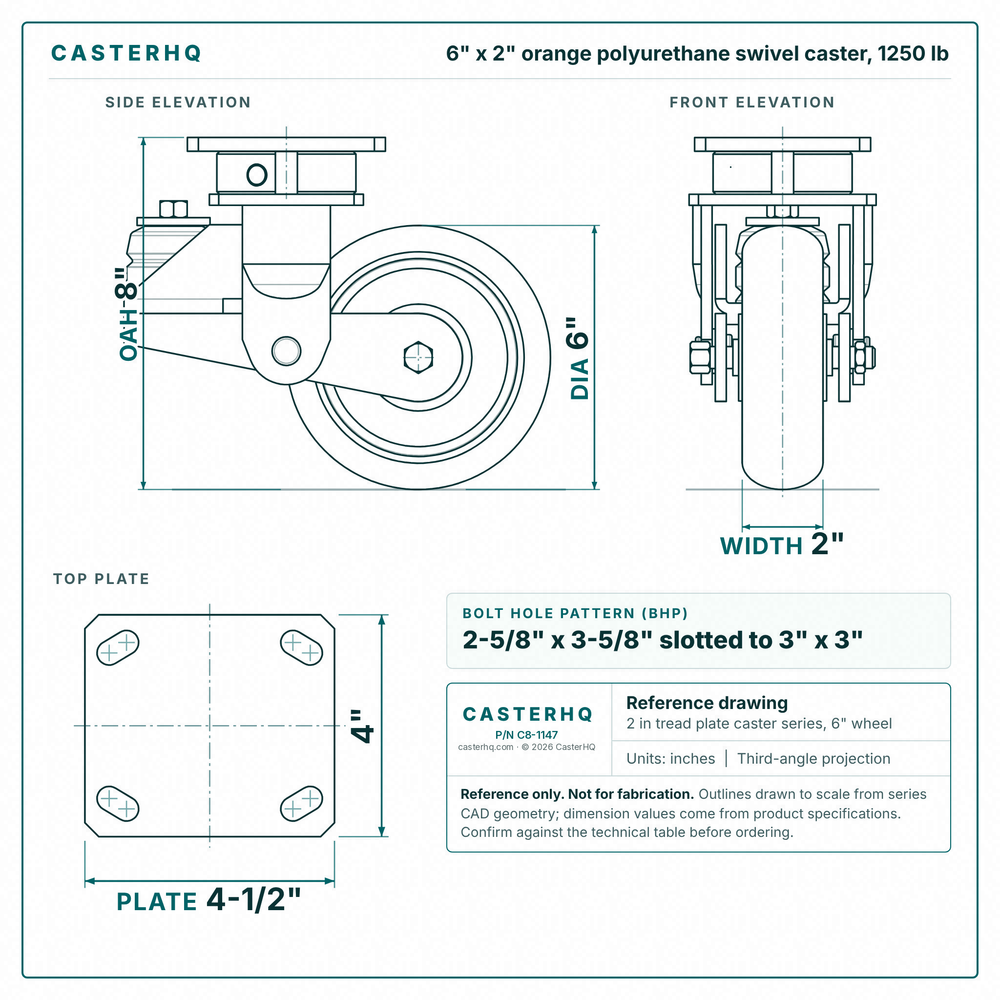 6 x 2 in orange polyurethane swivel caster reference drawing, side, front and top plate views with dimensions
