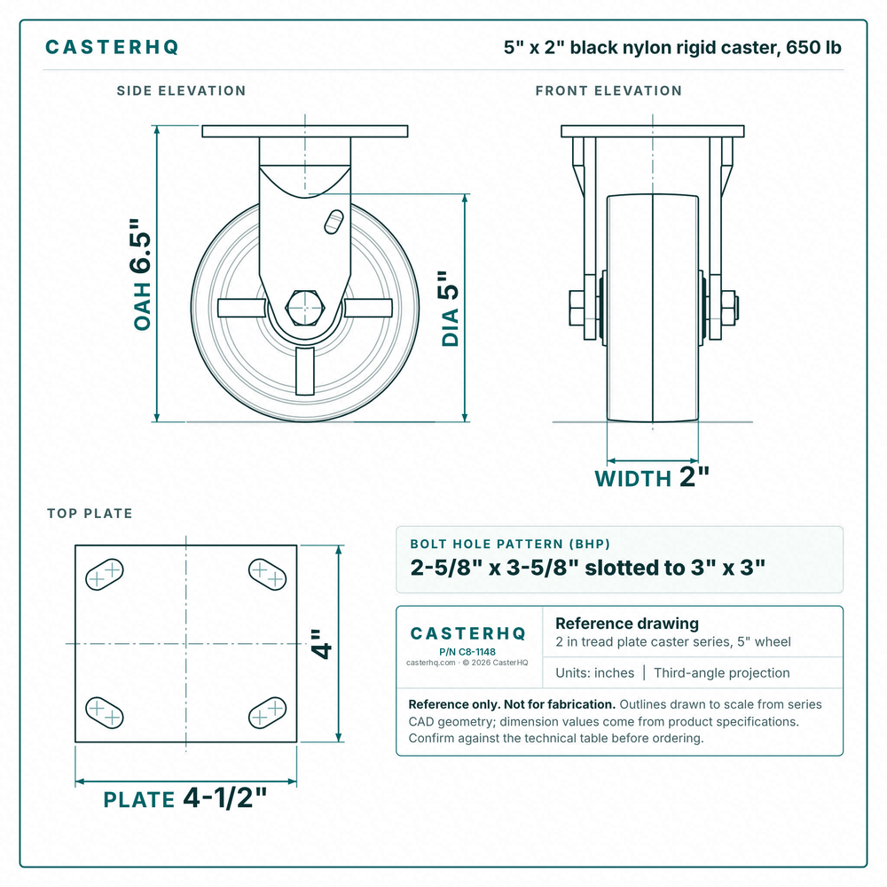5 x 2 in black nylon rigid caster reference drawing, side, front and top plate views with dimensions