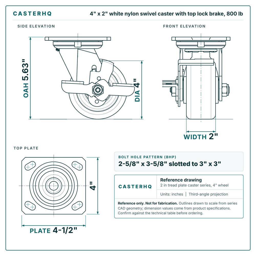 4 x 2 in white nylon swivel caster with top lock brake reference drawing, side, front and top plate views with dimensions