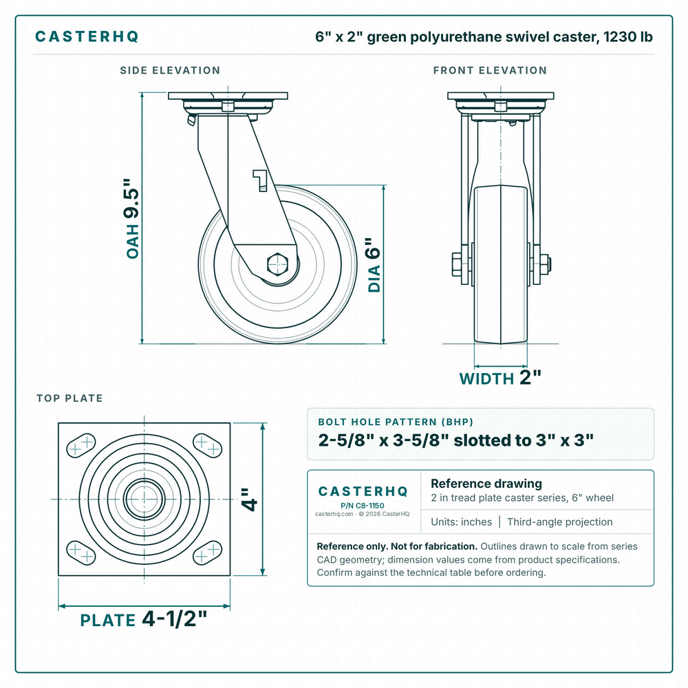 6 x 2 in green polyurethane swivel caster reference drawing, side, front and top plate views with dimensions