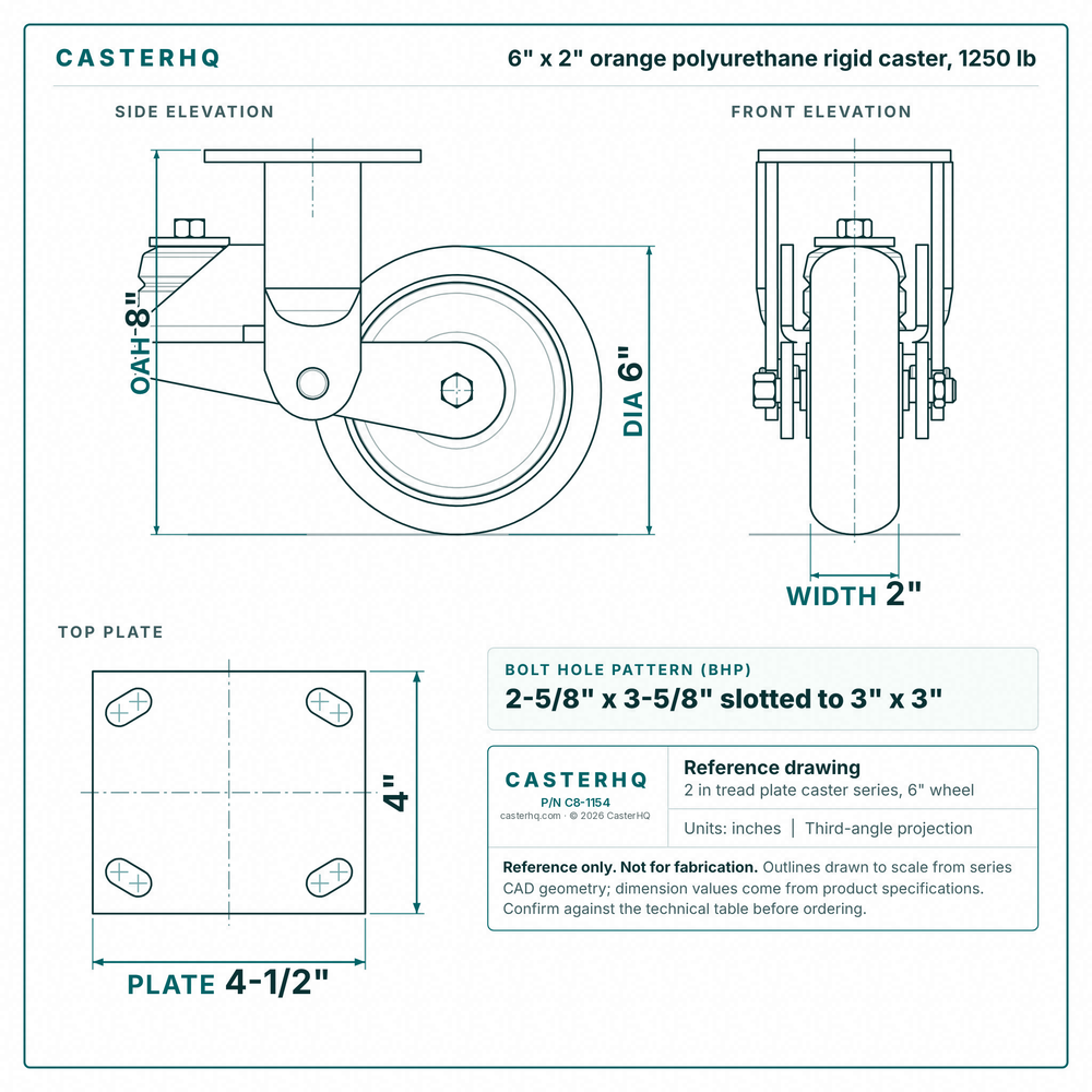 6 x 2 in orange polyurethane rigid caster reference drawing, side, front and top plate views with dimensions