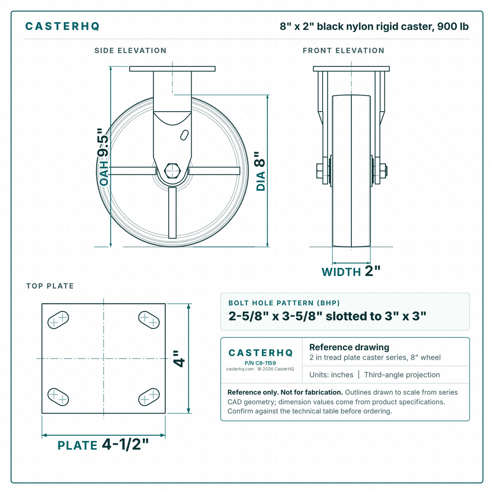 8 x 2 in black nylon rigid caster reference drawing, side, front and top plate views with dimensions
