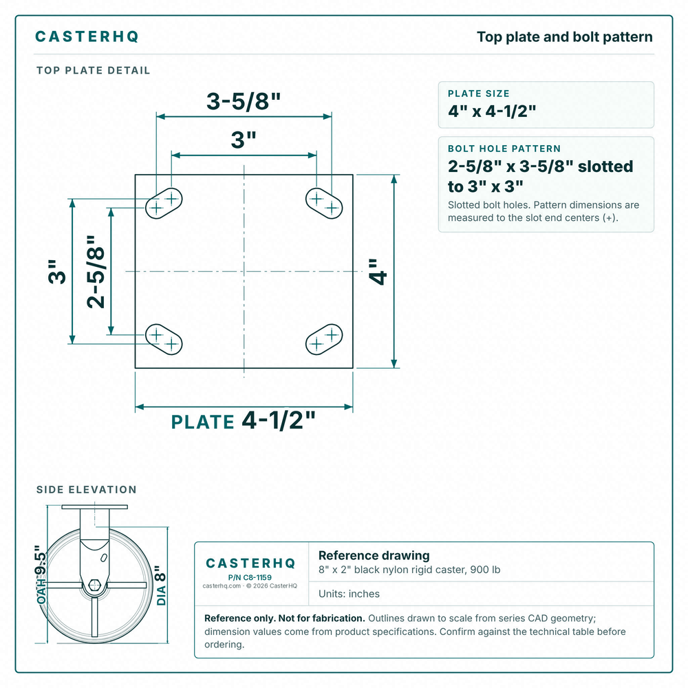 Top plate bolt pattern drawing, ["4\" x 4-1/2\""] plate, slotted bolt holes