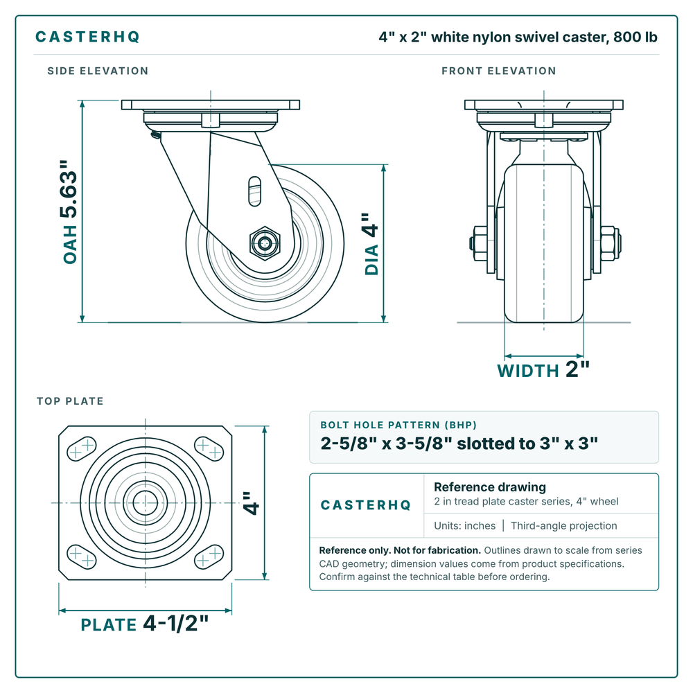 4 x 2 in white nylon swivel caster reference drawing, side, front and top plate views with dimensions