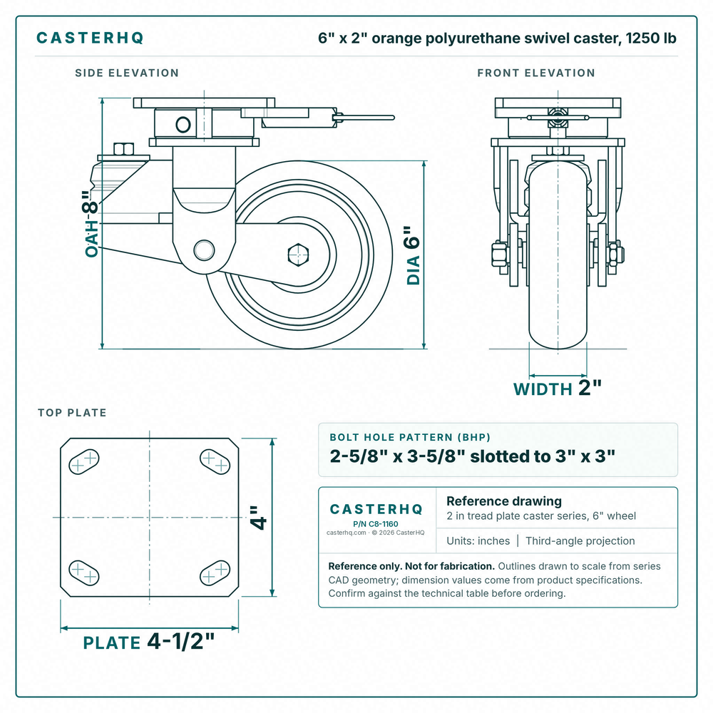 6 x 2 in orange polyurethane swivel caster reference drawing, side, front and top plate views with dimensions
