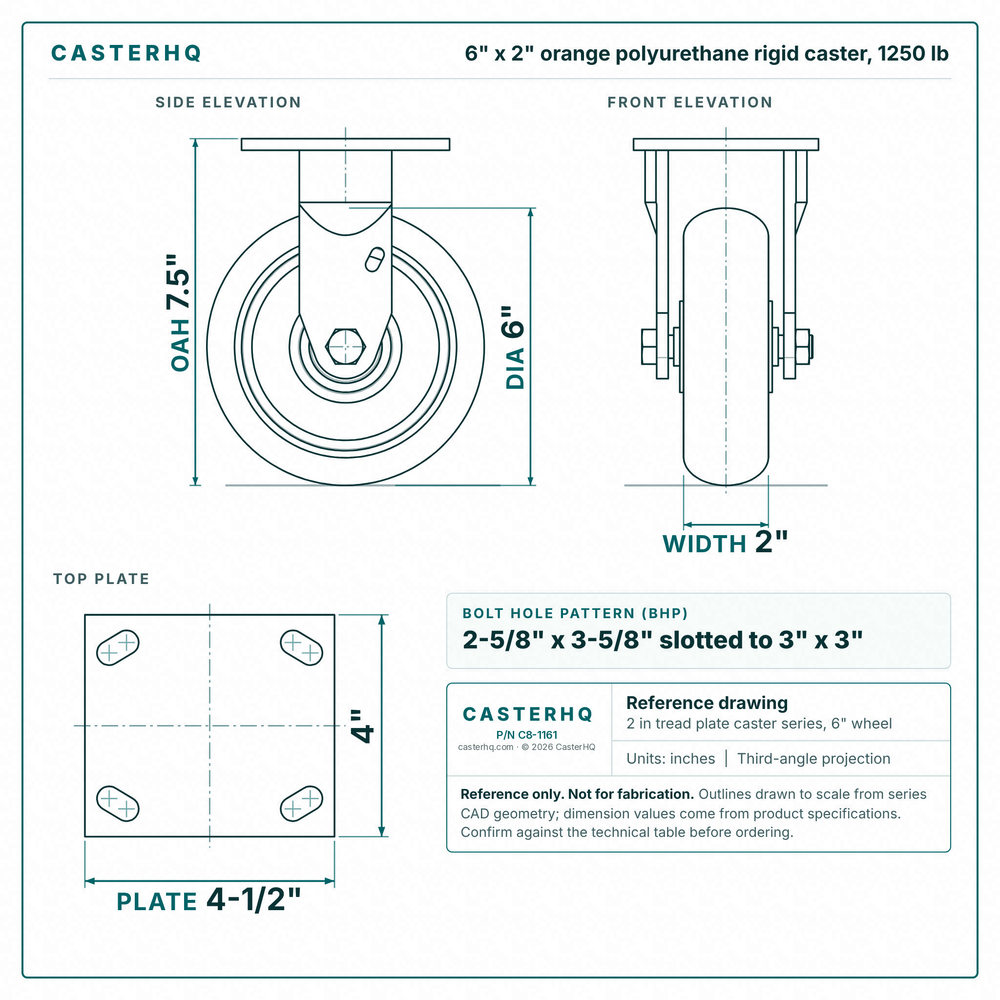 6 x 2 in orange polyurethane rigid caster reference drawing, side, front and top plate views with dimensions