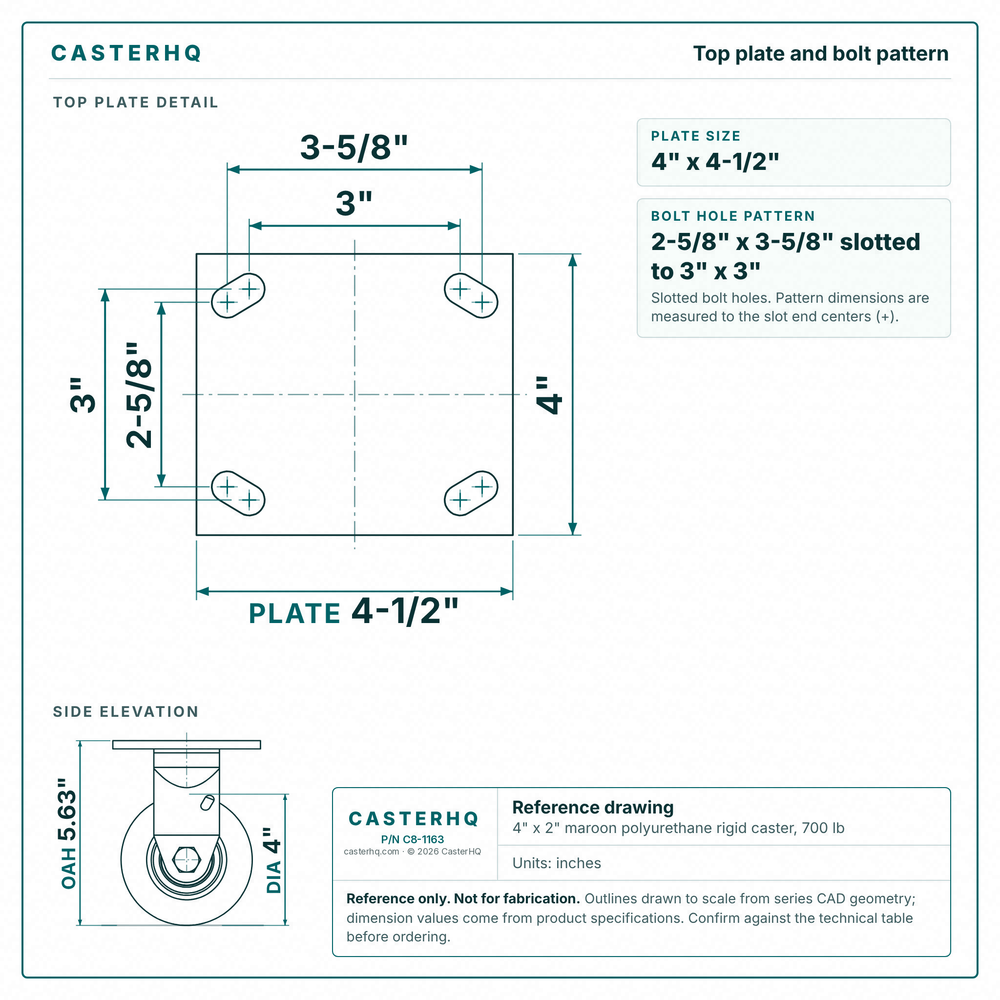 Top plate bolt pattern drawing, ["4\" x 4-1/2\""] plate, slotted bolt holes