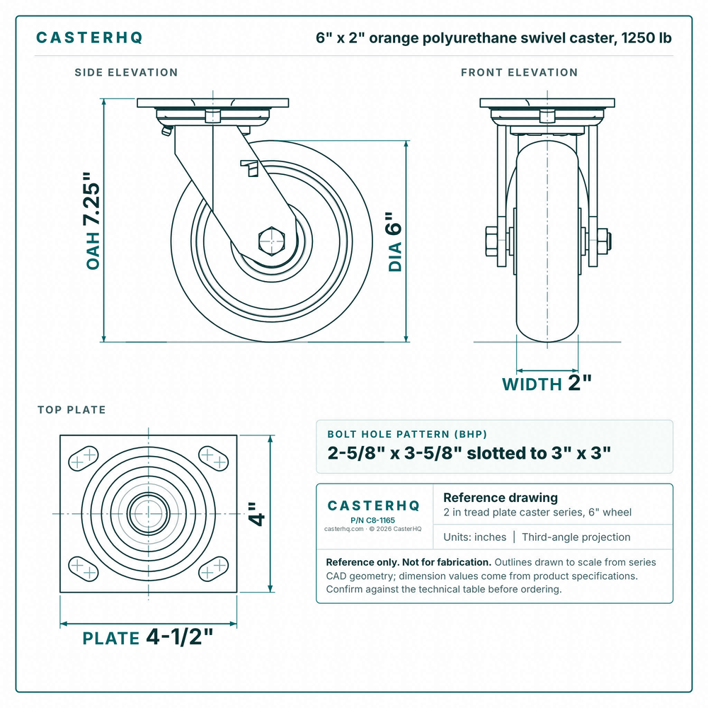 6 x 2 in orange polyurethane swivel caster reference drawing, side, front and top plate views with dimensions
