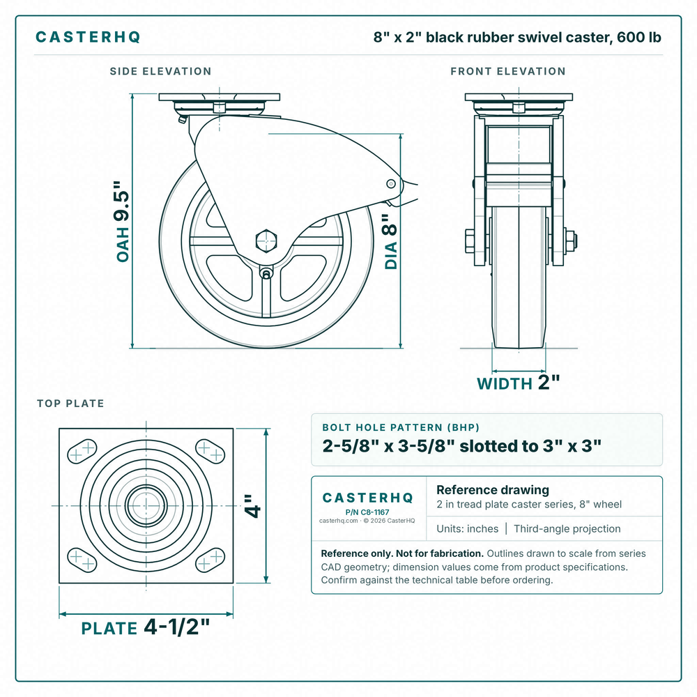 8 x 2 in black rubber swivel caster reference drawing, side, front and top plate views with dimensions