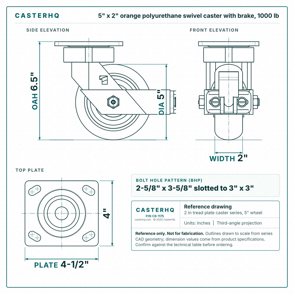 5 x 2 in orange polyurethane swivel caster with brake reference drawing, side, front and top plate views with dimensions