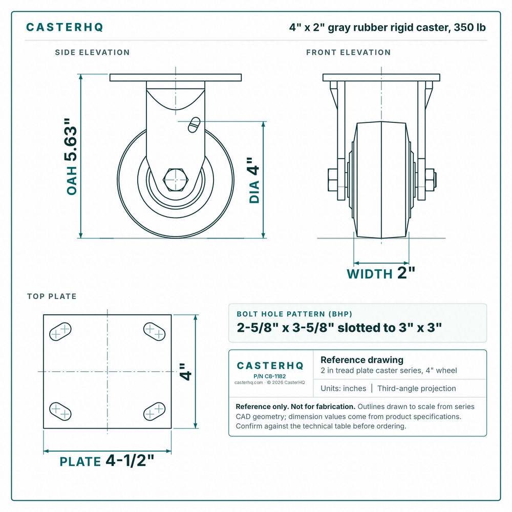 4 x 2 in gray rubber rigid caster reference drawing, side, front and top plate views with dimensions