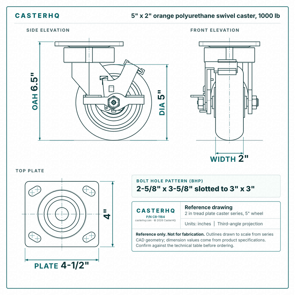 5 x 2 in orange polyurethane swivel caster reference drawing, side, front and top plate views with dimensions