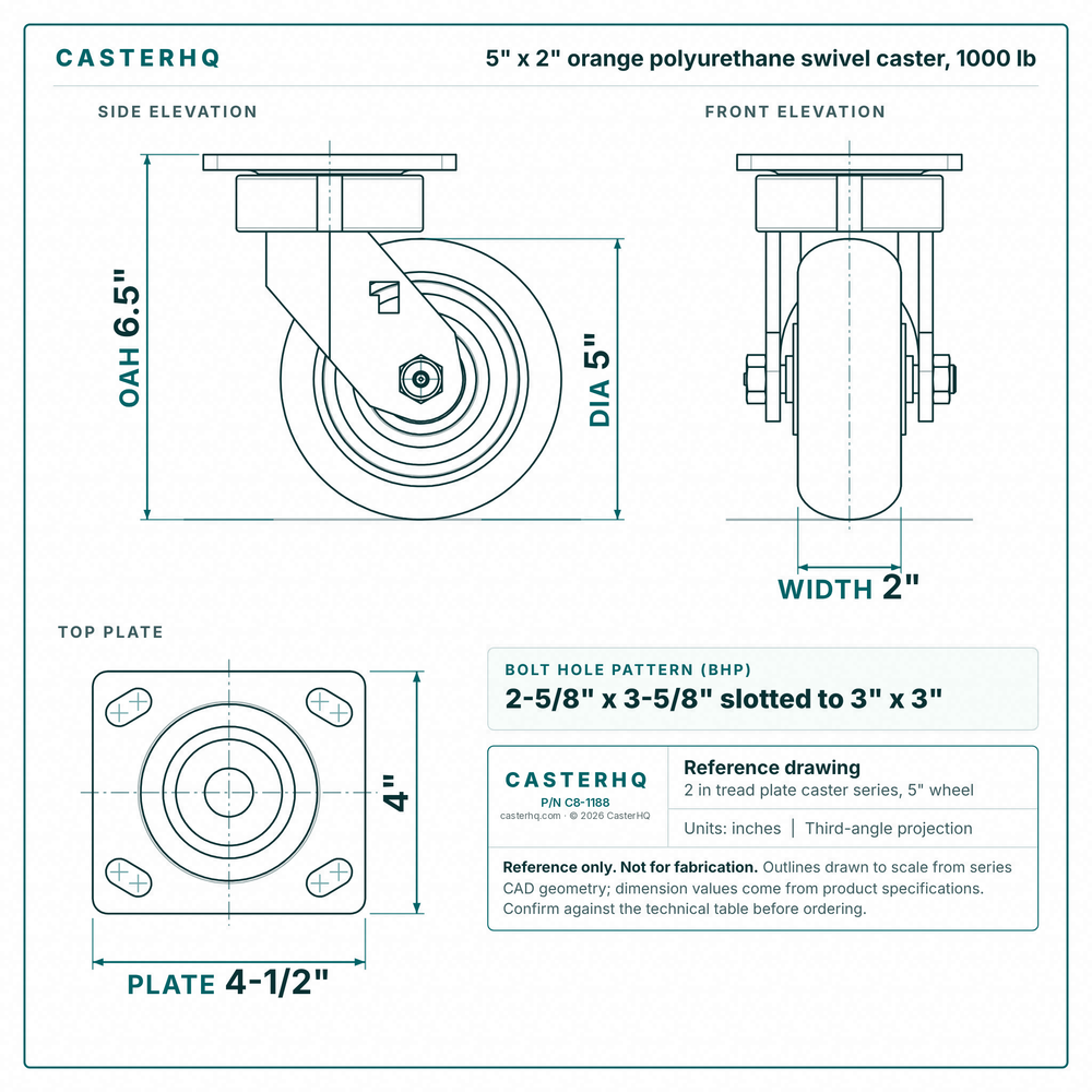 5 x 2 in orange polyurethane swivel caster reference drawing, side, front and top plate views with dimensions