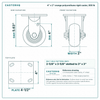 4 x 2 in orange polyurethane rigid caster reference drawing, side, front and top plate views with dimensions