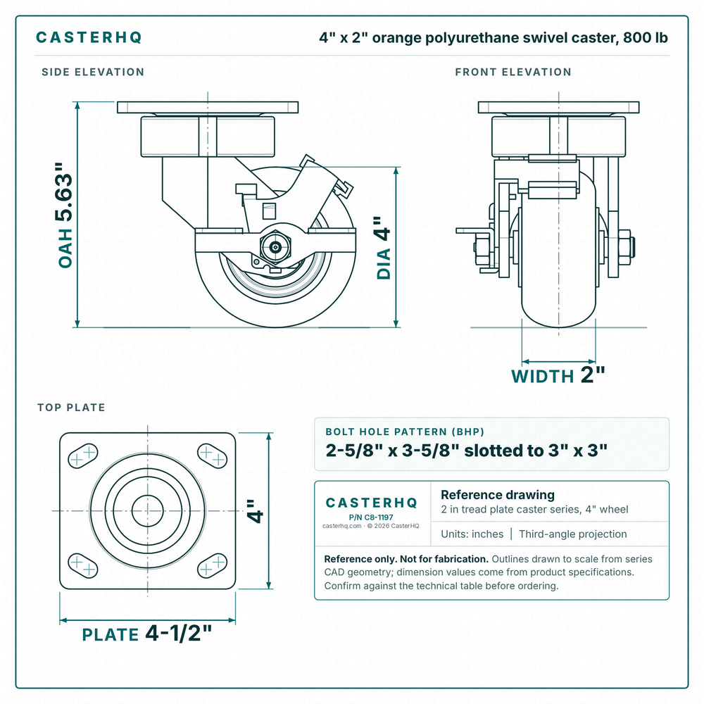 4 x 2 in orange polyurethane swivel caster reference drawing, side, front and top plate views with dimensions