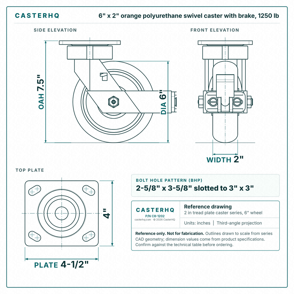 6 x 2 in orange polyurethane swivel caster with brake reference drawing, side, front and top plate views with dimensions