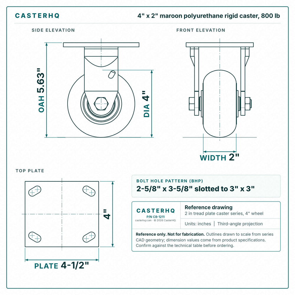 4 x 2 in maroon polyurethane rigid caster reference drawing, side, front and top plate views with dimensions