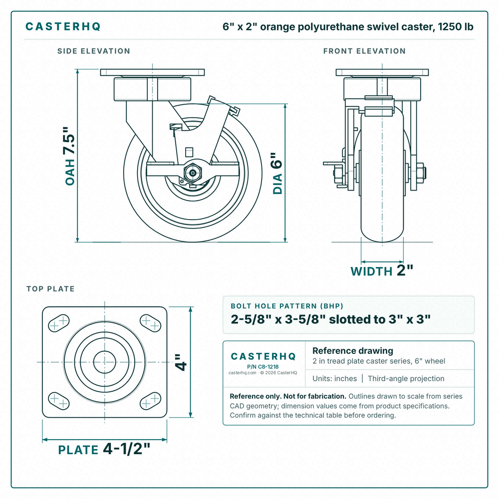 6 x 2 in orange polyurethane swivel caster reference drawing, side, front and top plate views with dimensions