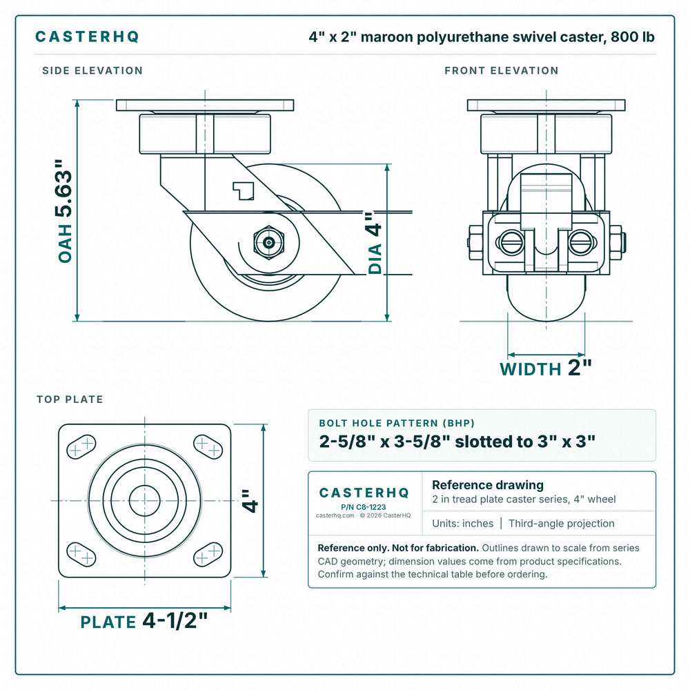 4 x 2 in maroon polyurethane swivel caster reference drawing, side, front and top plate views with dimensions