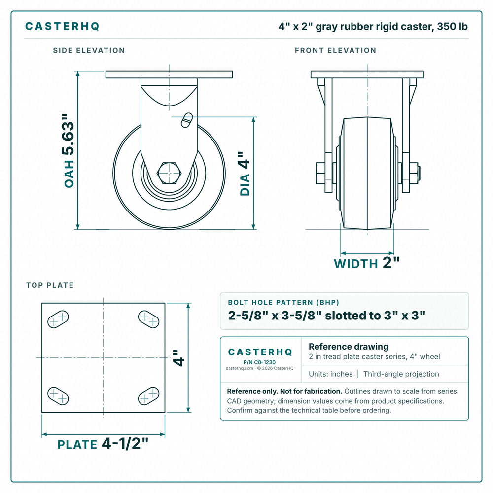 4 x 2 in gray rubber rigid caster reference drawing, side, front and top plate views with dimensions