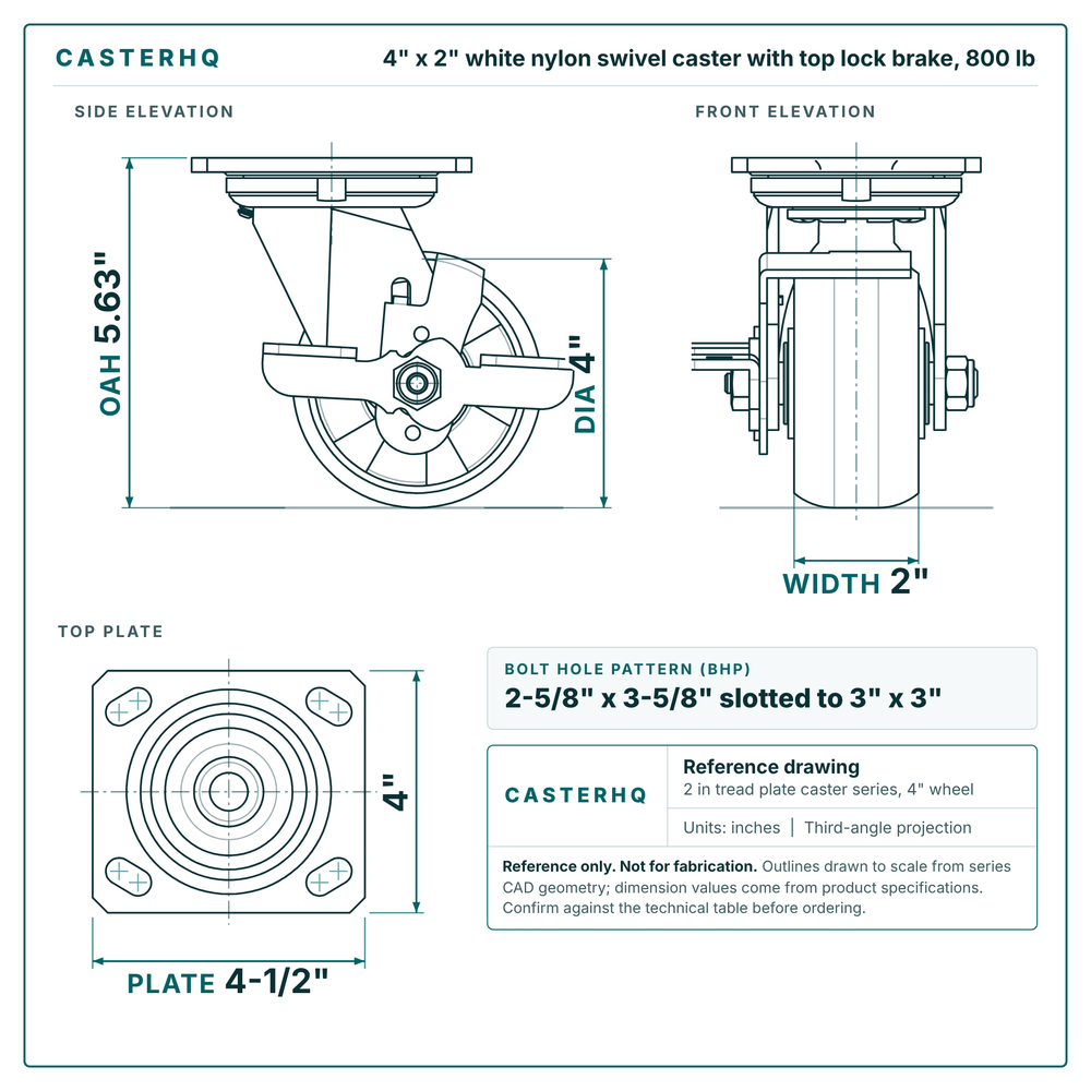 4 x 2 in white nylon swivel caster with top lock brake reference drawing, side, front and top plate views with dimensions