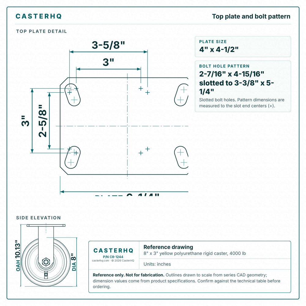 Top plate bolt pattern drawing, ["4-1/2\" x 6-1/4\""] plate, slotted bolt holes