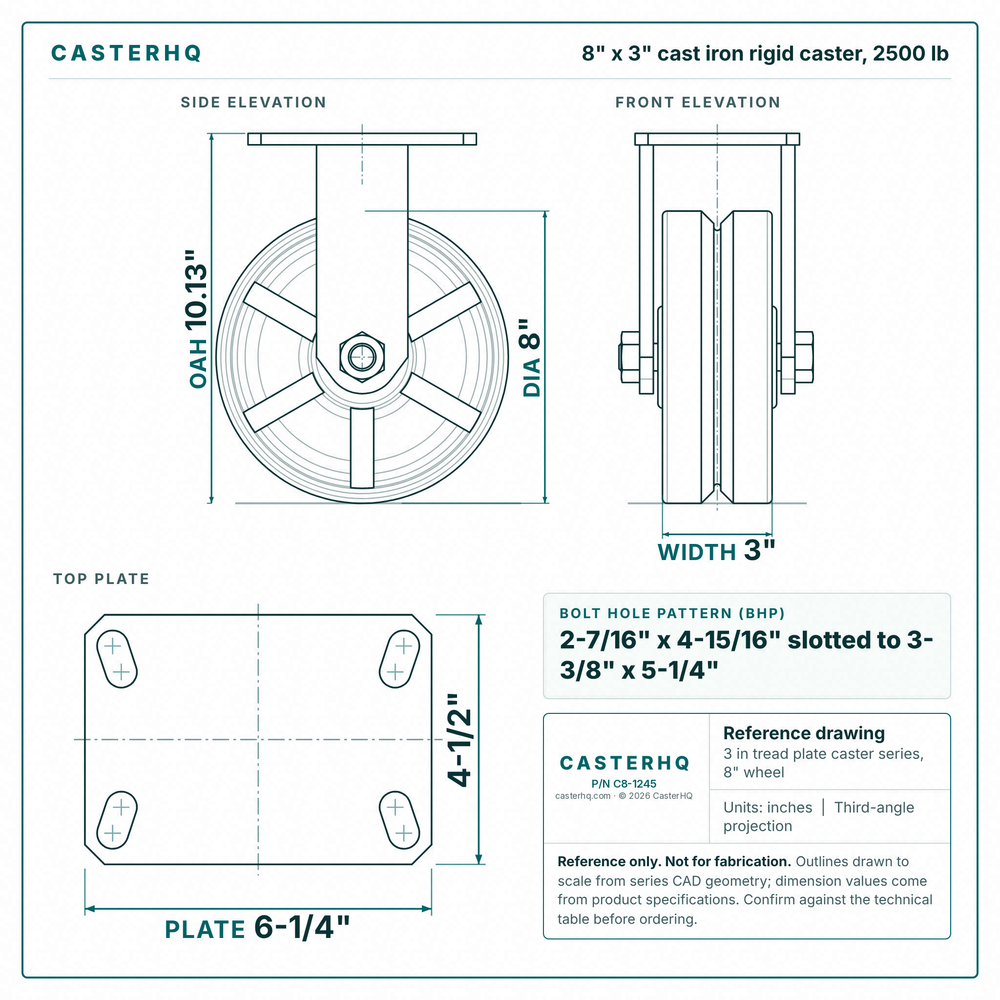 8 x 3 in cast iron rigid caster reference drawing, side, front and top plate views with dimensions