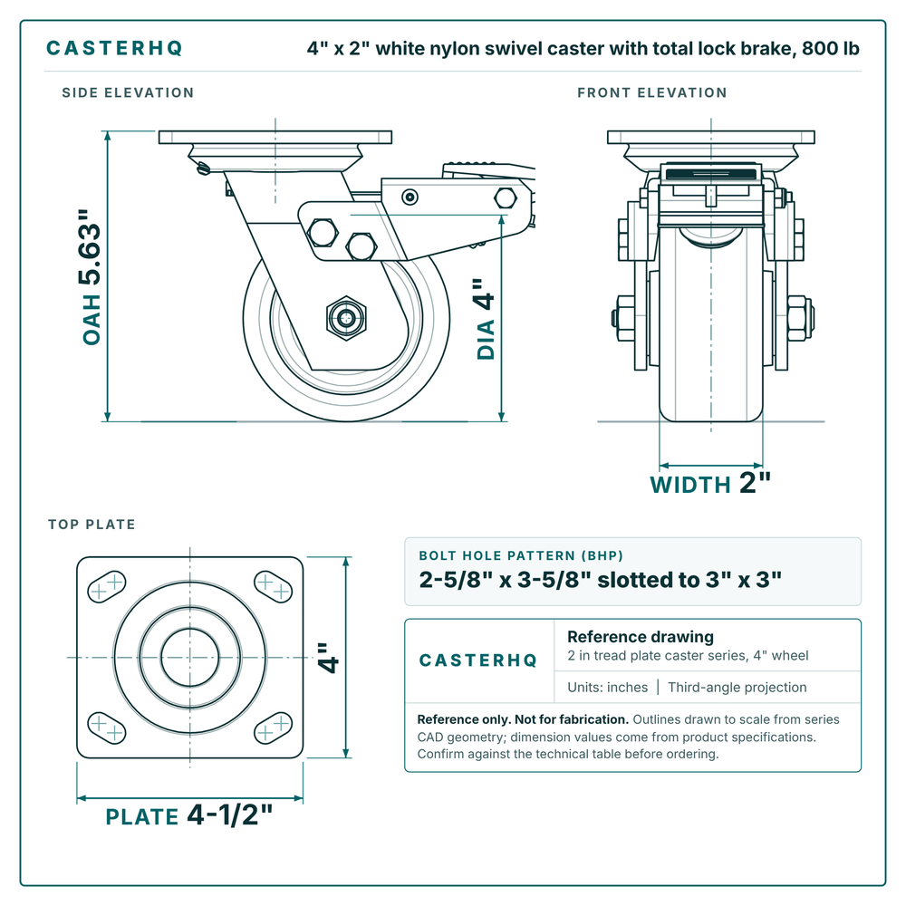 4 x 2 in white nylon swivel caster with total lock brake reference drawing, side, front and top plate views with dimensions