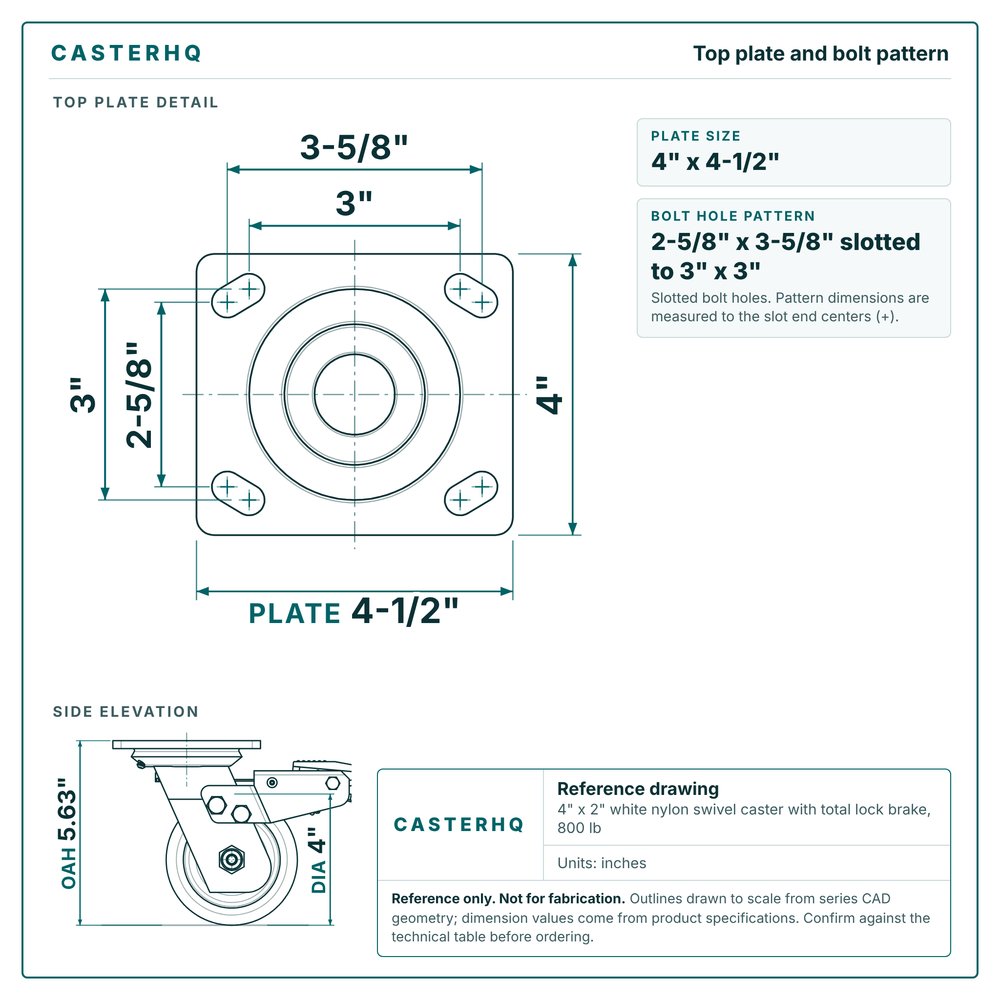 Top plate bolt pattern drawing, 4 x 4-1/2 in plate, slotted bolt holes