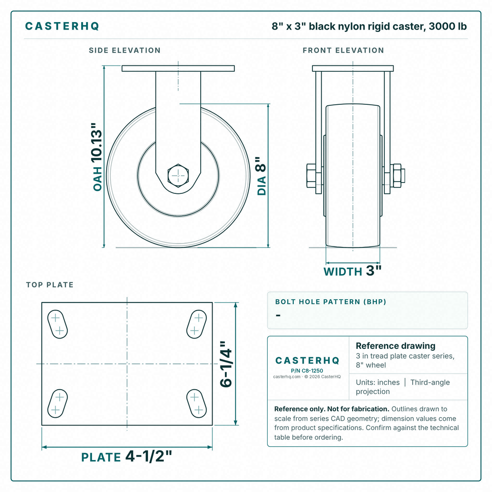 8 x 3 in black nylon rigid caster reference drawing, side, front and top plate views with dimensions