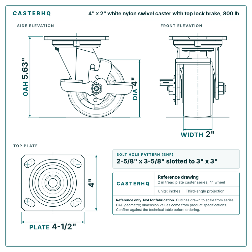 4 x 2 in white nylon swivel caster with top lock brake reference drawing, side, front and top plate views with dimensions